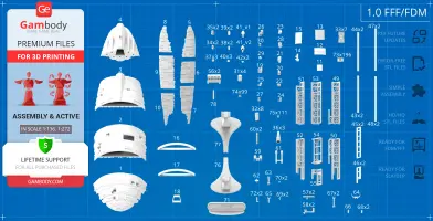 Blueprint-style layout of GR-75 Medium Transport 3D parts for printing and assembly from Star Wars.
