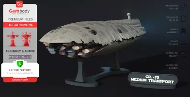 GR-75 Medium Transport 3D model displayed on a stand, with details for 3D printing from Gambody.