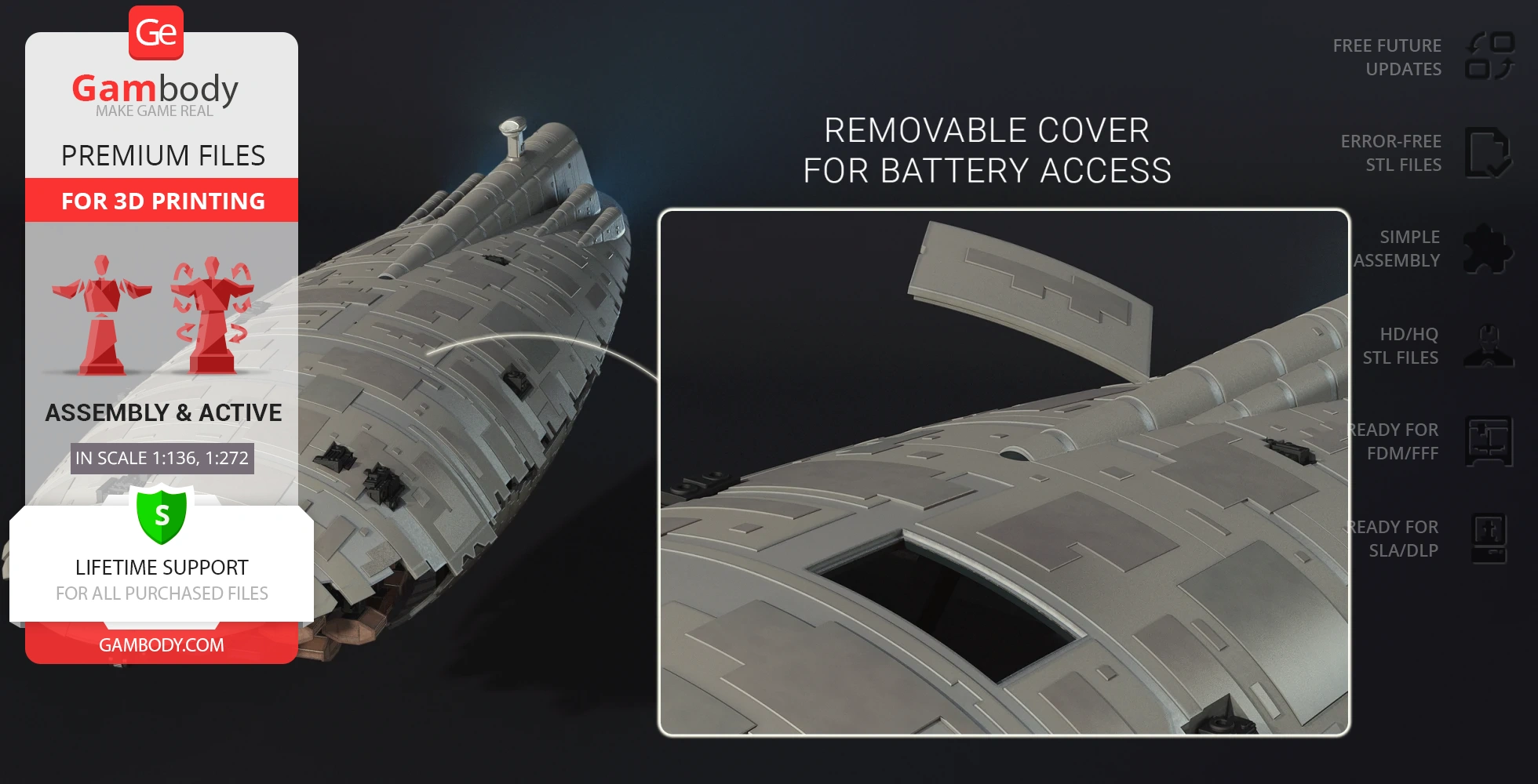 Detailed 3D model of a spaceship with removable cover feature for battery access, ready for 3D printing.