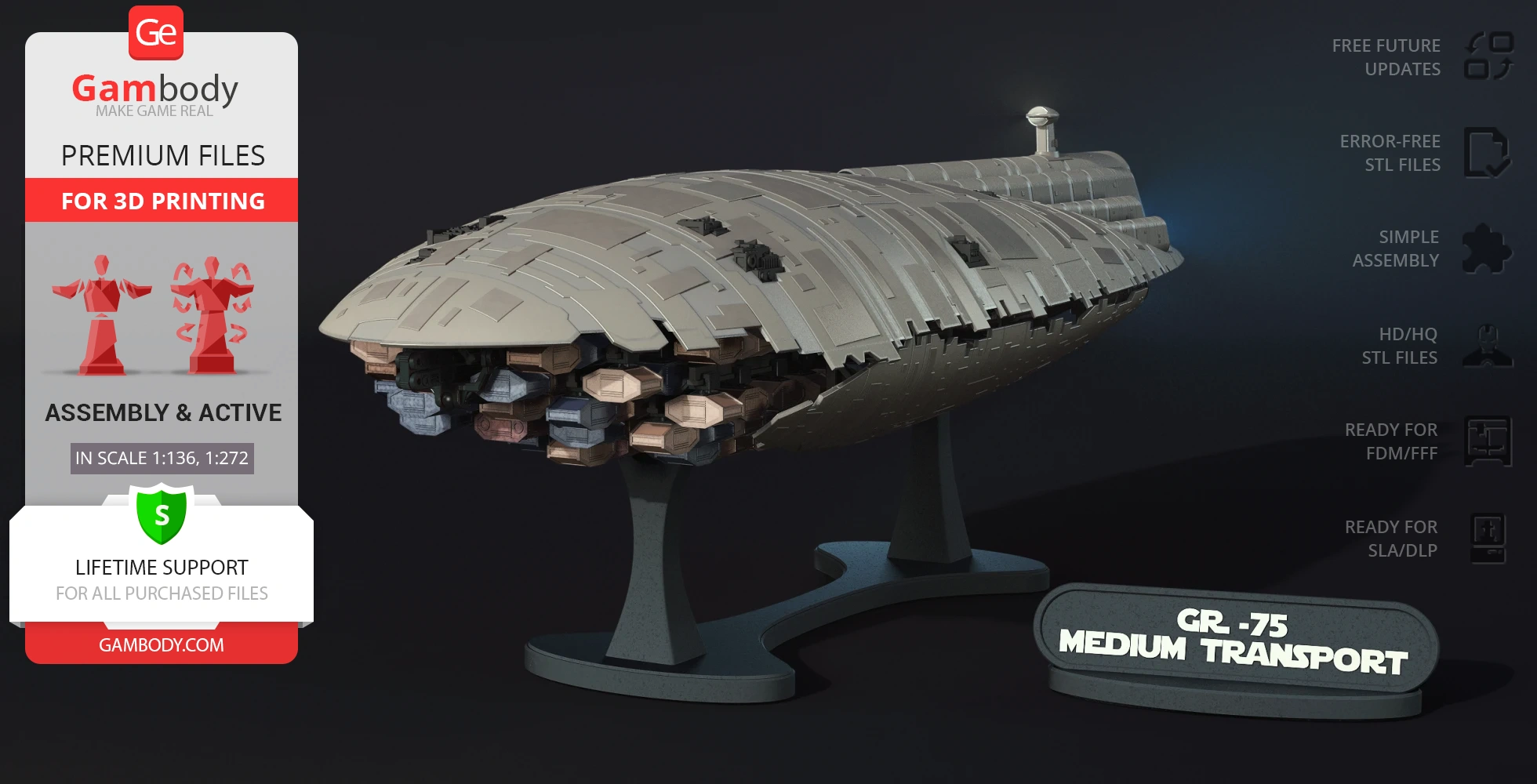 GR-75 Medium Transport 3D model displayed on a stand, with details for 3D printing from Gambody.