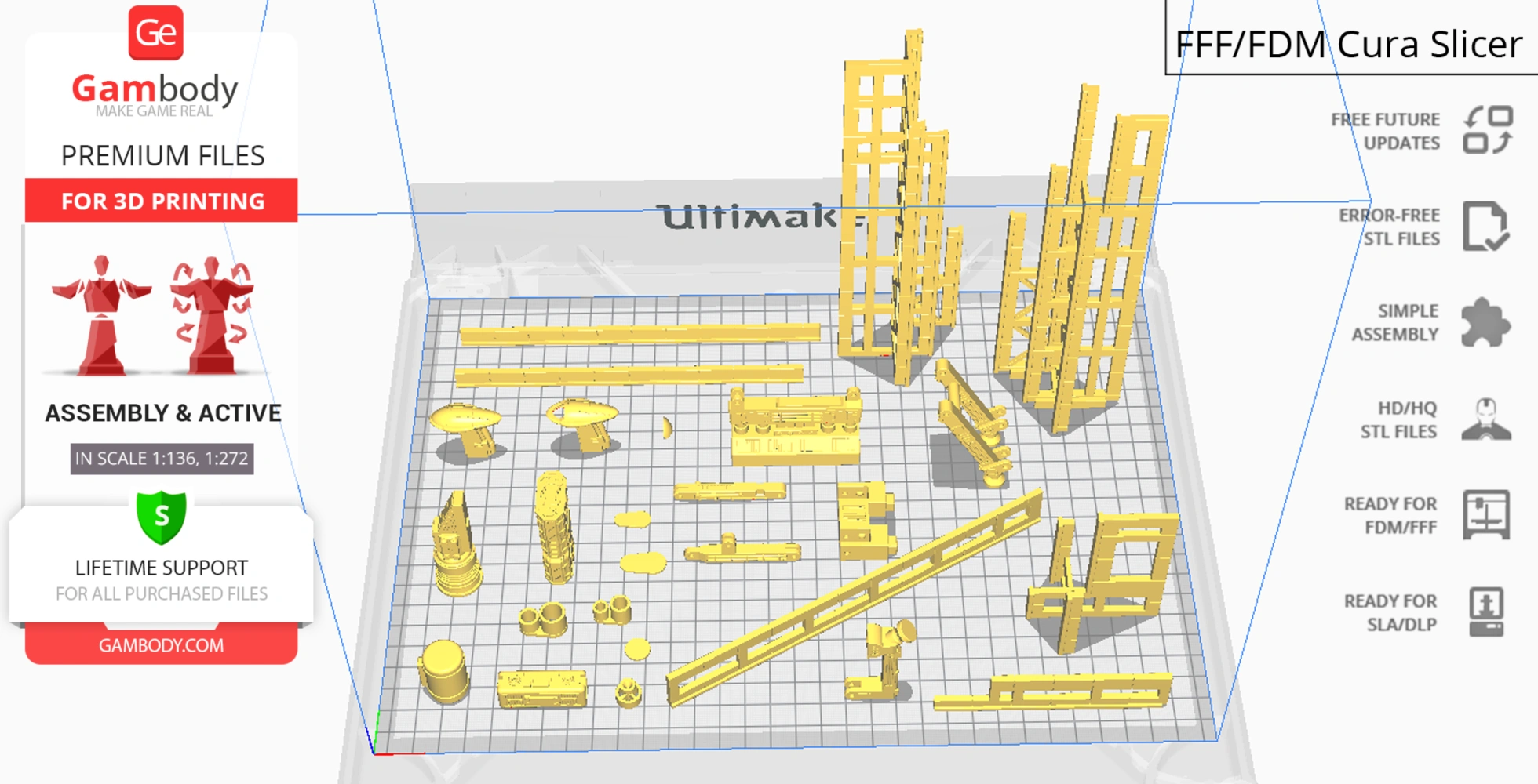 Multiple yellow 3D-printed parts for the GR-75 Medium Transport from Star Wars on a grid platform.