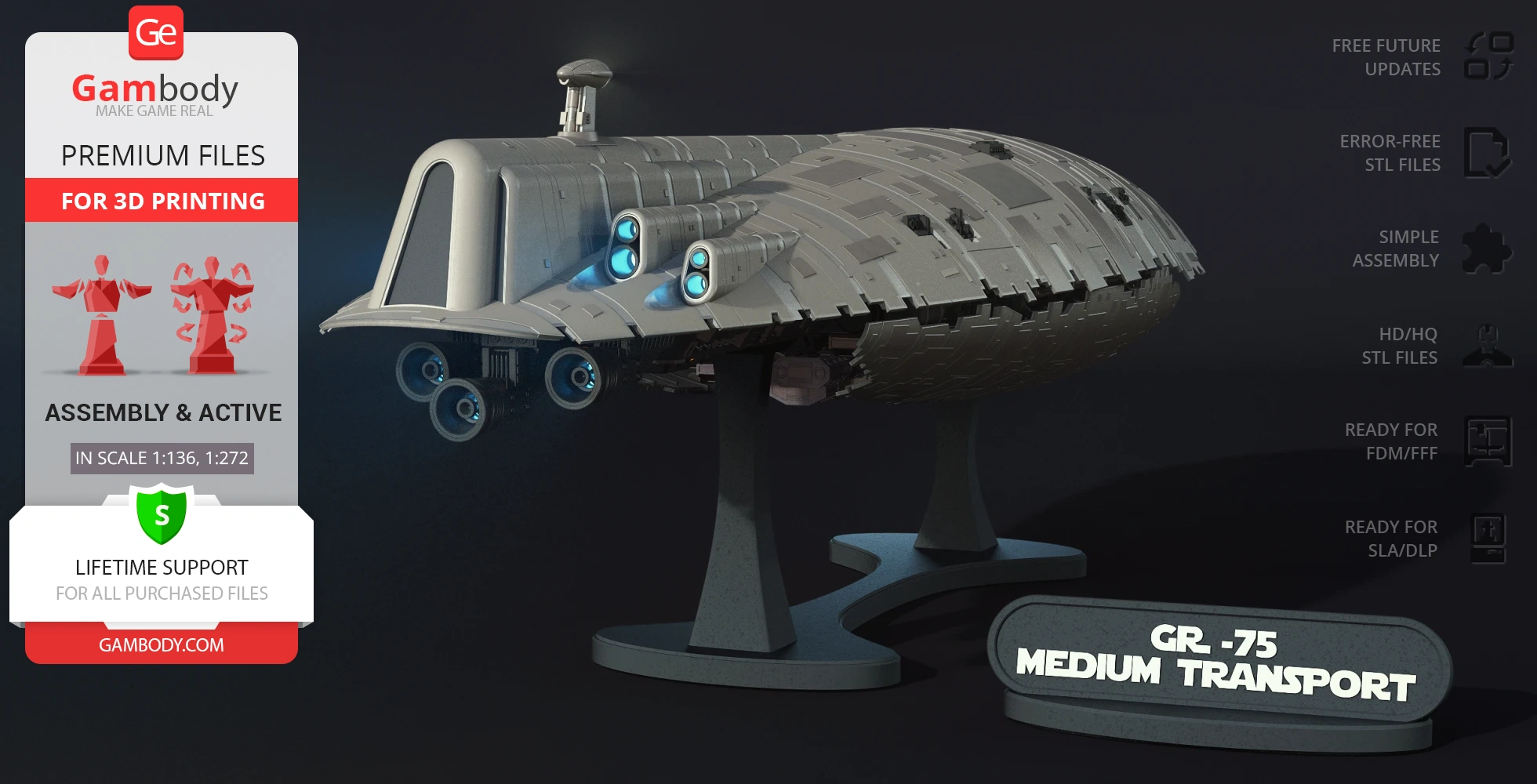 3D model of a GR-75 Medium Transport ship from Star Wars, displayed on a stand for printing.