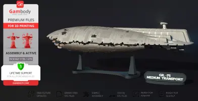 Detailed 3D model of Star Wars GR-75 Medium Transport on display stand.