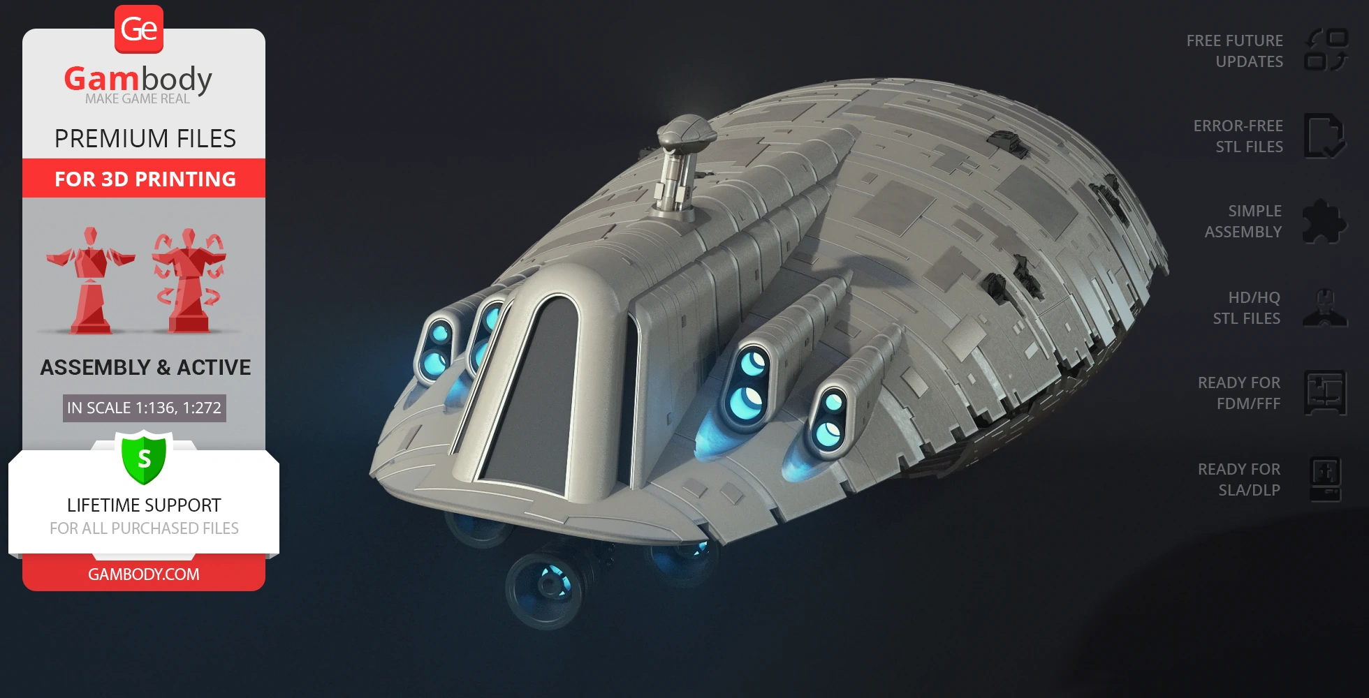 A detailed 3D model of the GR-75 Medium Transport spacecraft with glowing engines and a segmented hull.