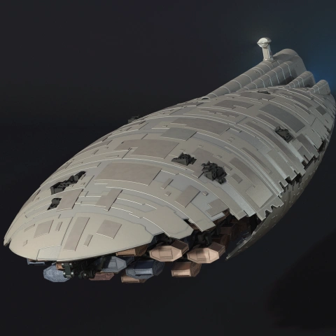 A detailed 3D model of the GR-75 Medium Transport spaceship from Star Wars, showing surface intricacies.