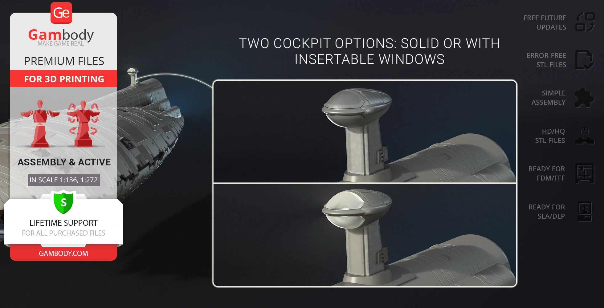 A 3D model of a Star Wars GR-75 ship with two cockpit options: solid or with insertable windows.