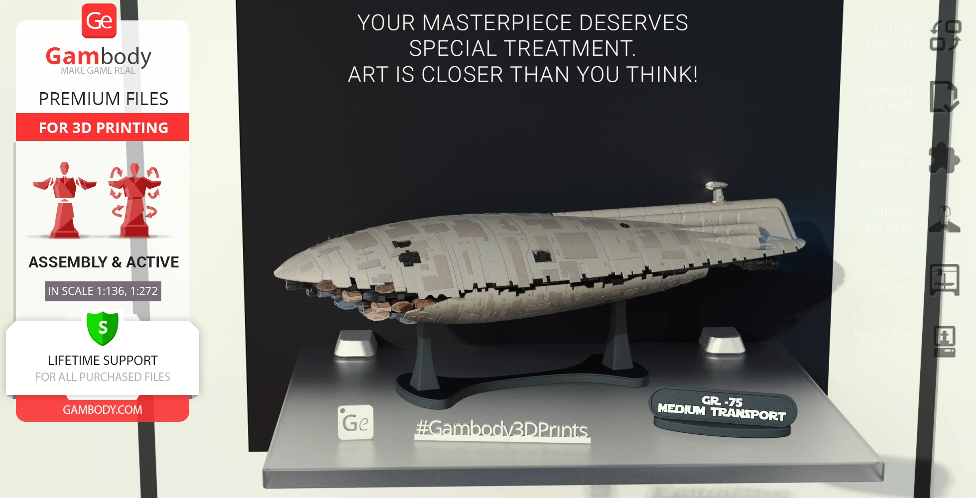 3D-printed GR-75 Medium Transport model displayed on a stand, with promotional text and branding.