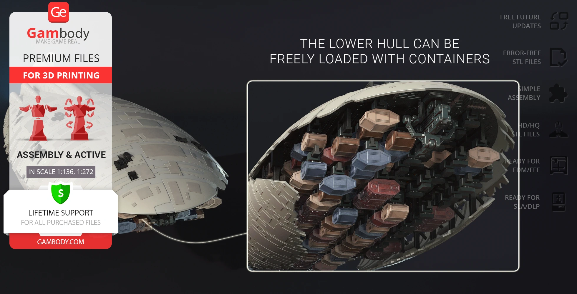 Spaceship model with exposed hull showing containers, designed for 3D printing.