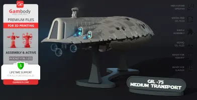 3D model of a GR-75 Medium Transport ship from Star Wars, displayed on a stand for printing.