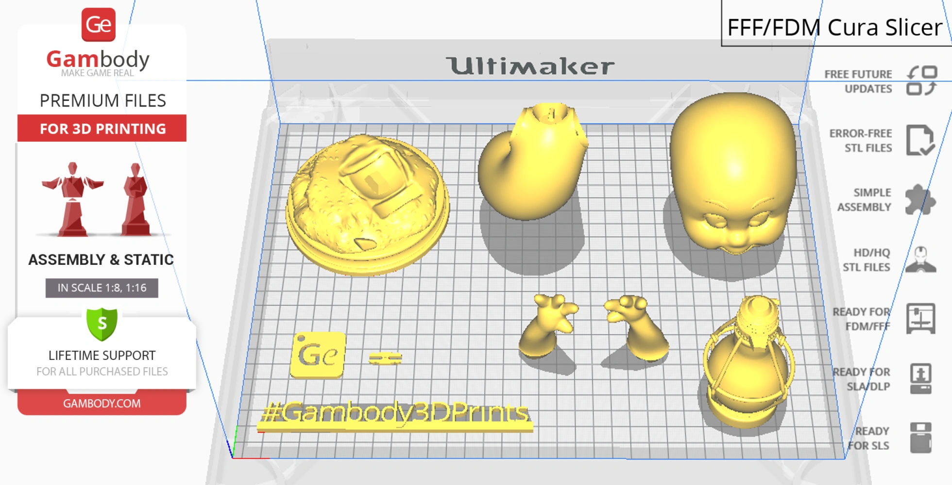 A 3D printing layout with pieces including a ghost head, base, arms, and lantern on a grid.