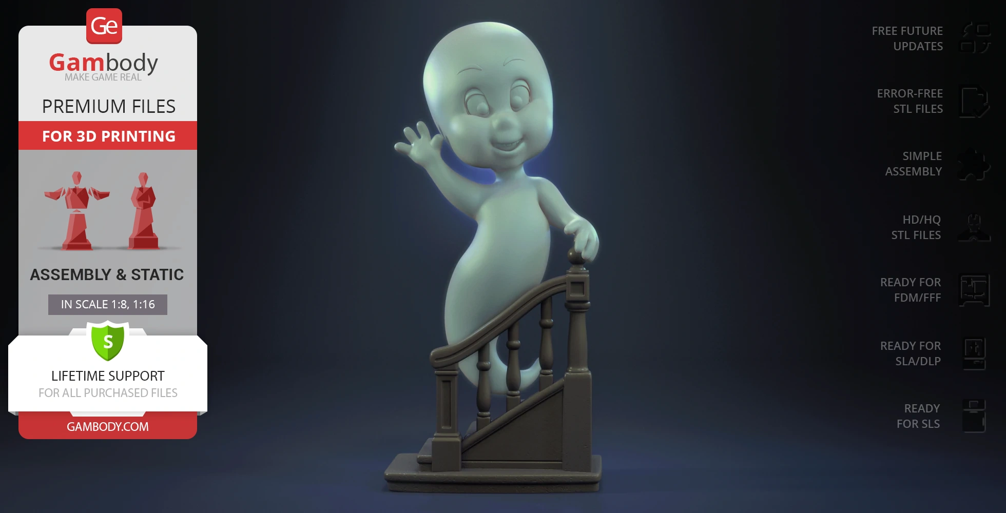 3D model of a friendly ghost waving, standing by a staircase railing.