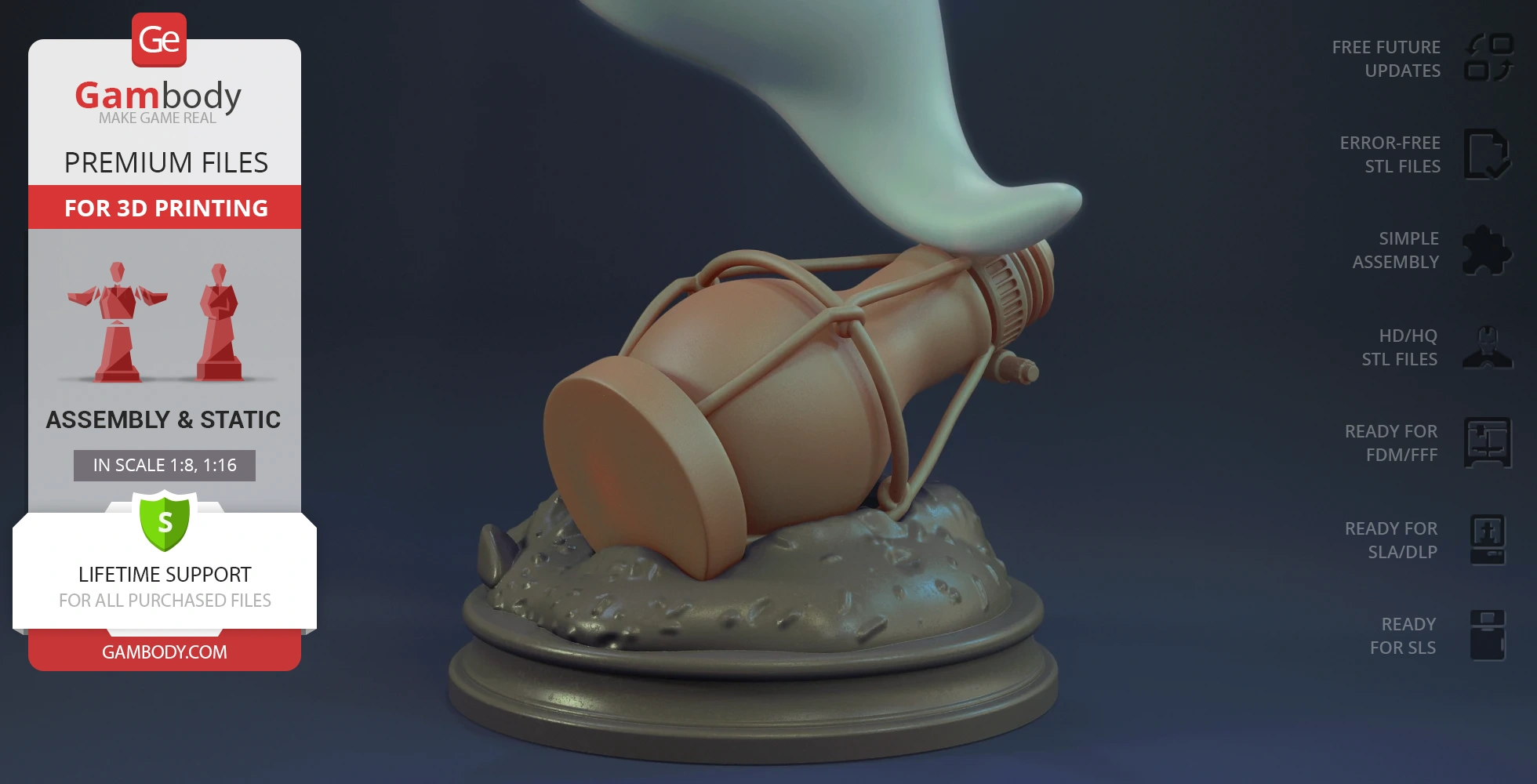 A ghostly figure flying out of a lantern on a base, designed for 3D printing.