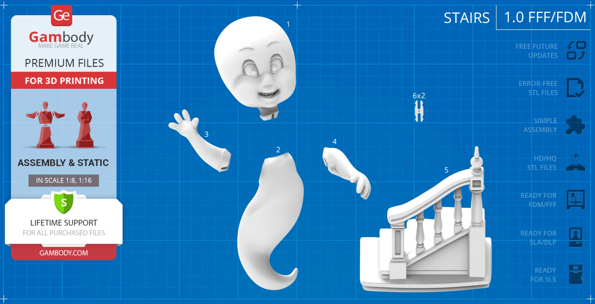 3D model parts of a cartoon ghost with a staircase, ready for assembly and 3D printing.