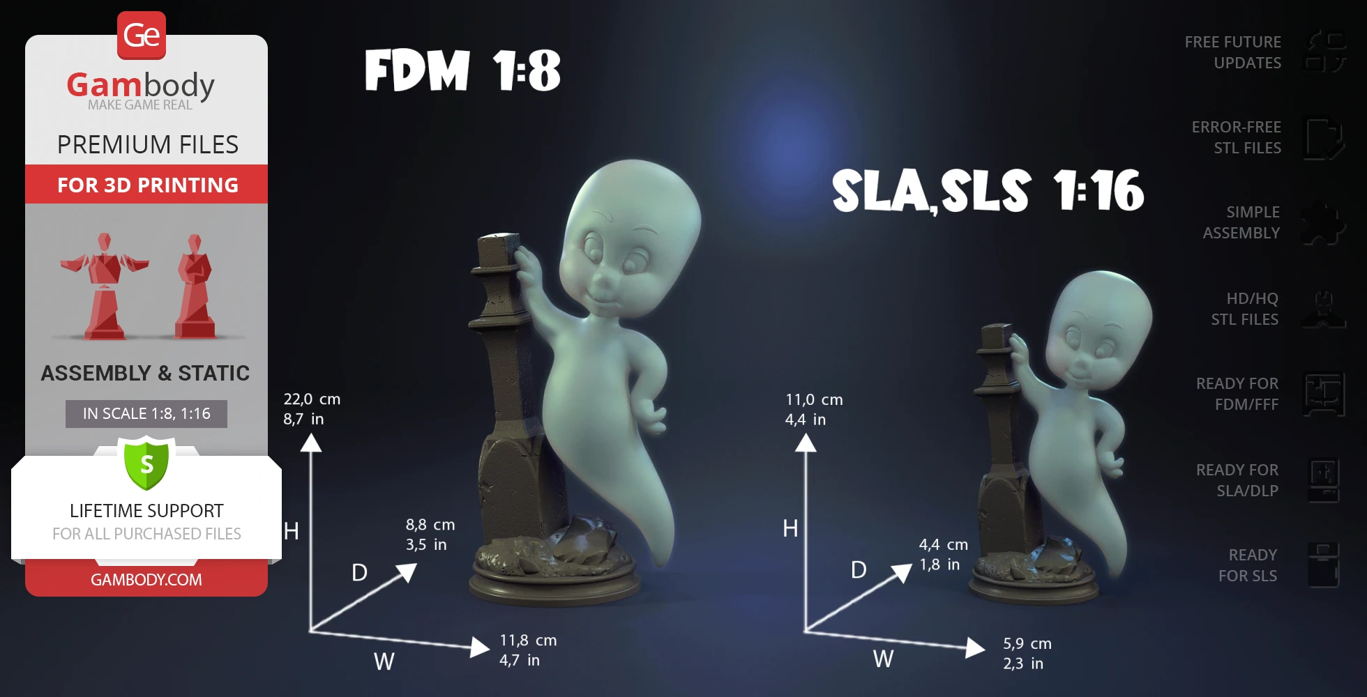 A friendly ghost in a flying pose, leaning on a gravestone, modeled for 3D printing.