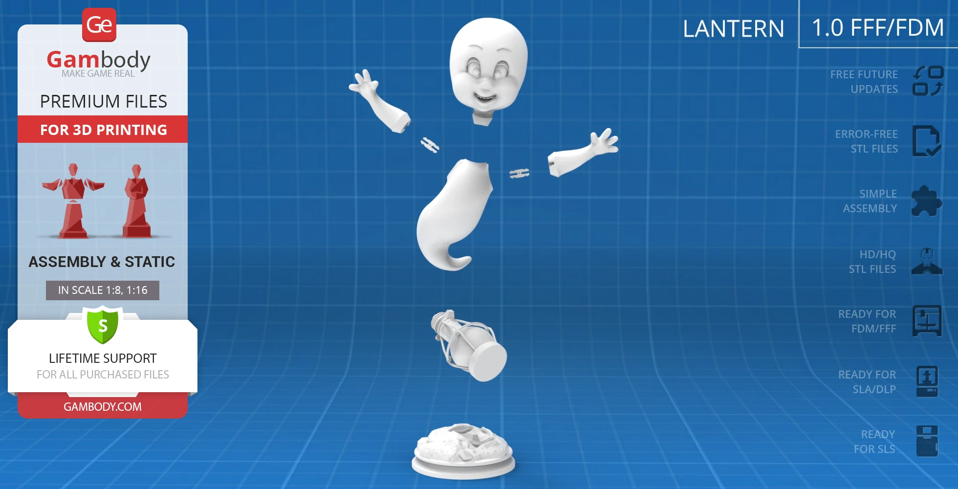 A smiling ghost in a flying pose, segmented for 3D printing, with a lantern and rocky base.