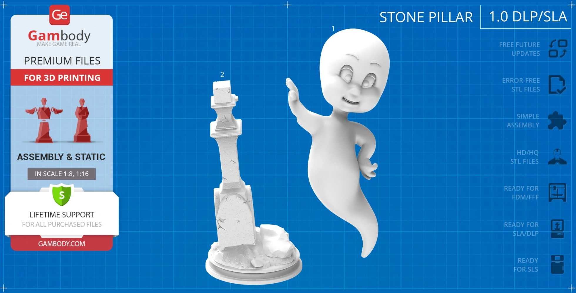 A 3D model of a smiling ghost in a flying pose next to a stone pillar for 3D printing.