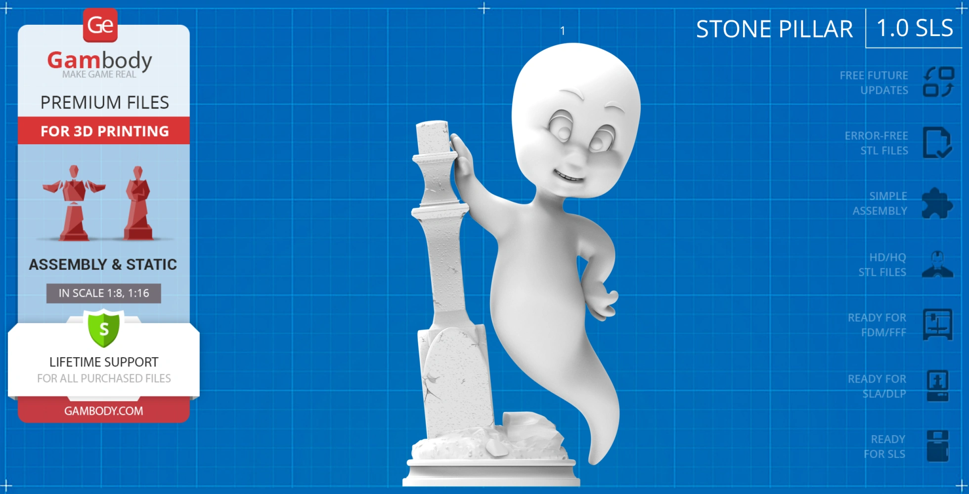 A playful ghost smiling and leaning on a stone pillar, designed for 3D printing.