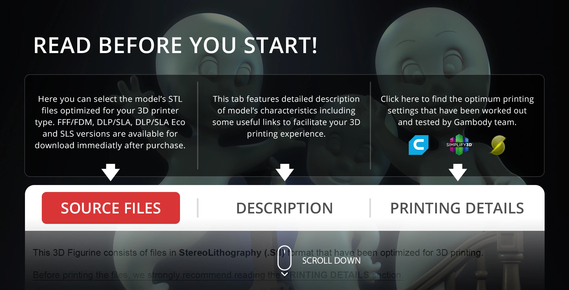 Ghostly figures in the background with text about 3D printing files and options on Gambody.