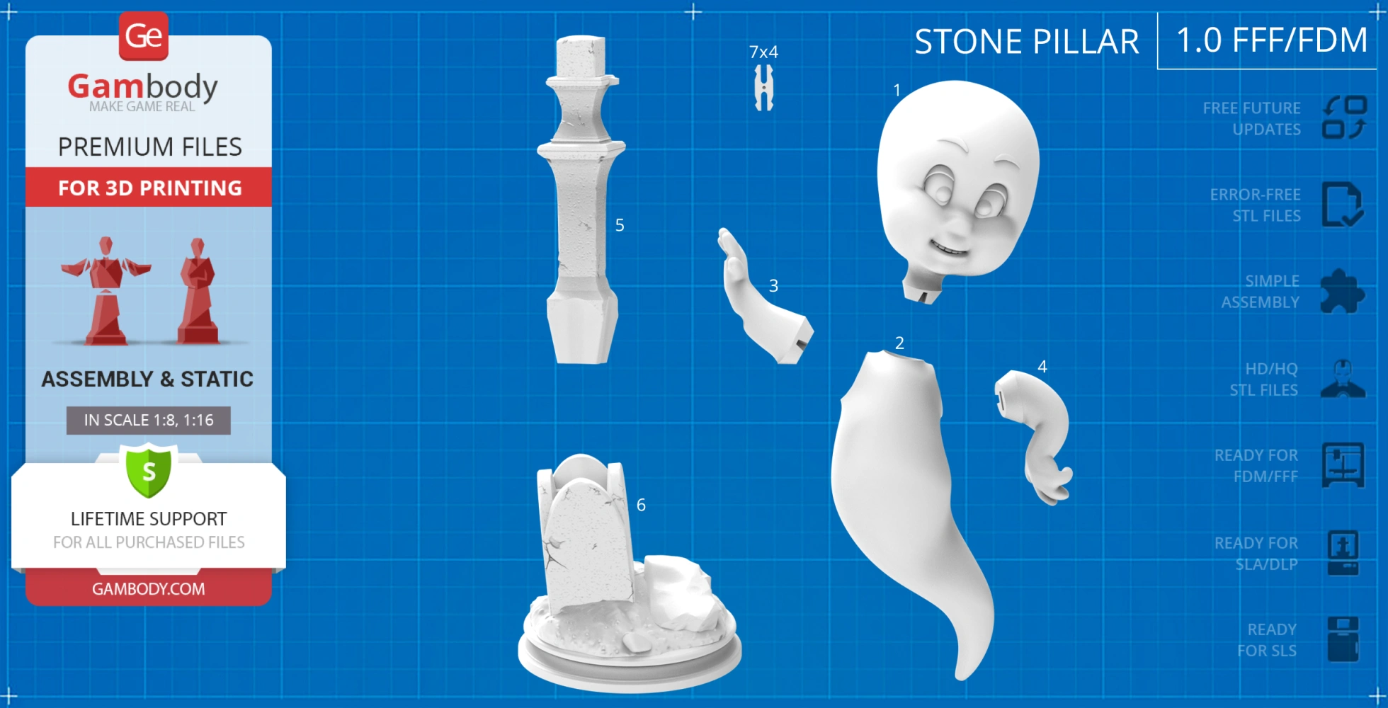 3D model of Casper in flying pose, disassembled for printing, with a stone pillar and base.