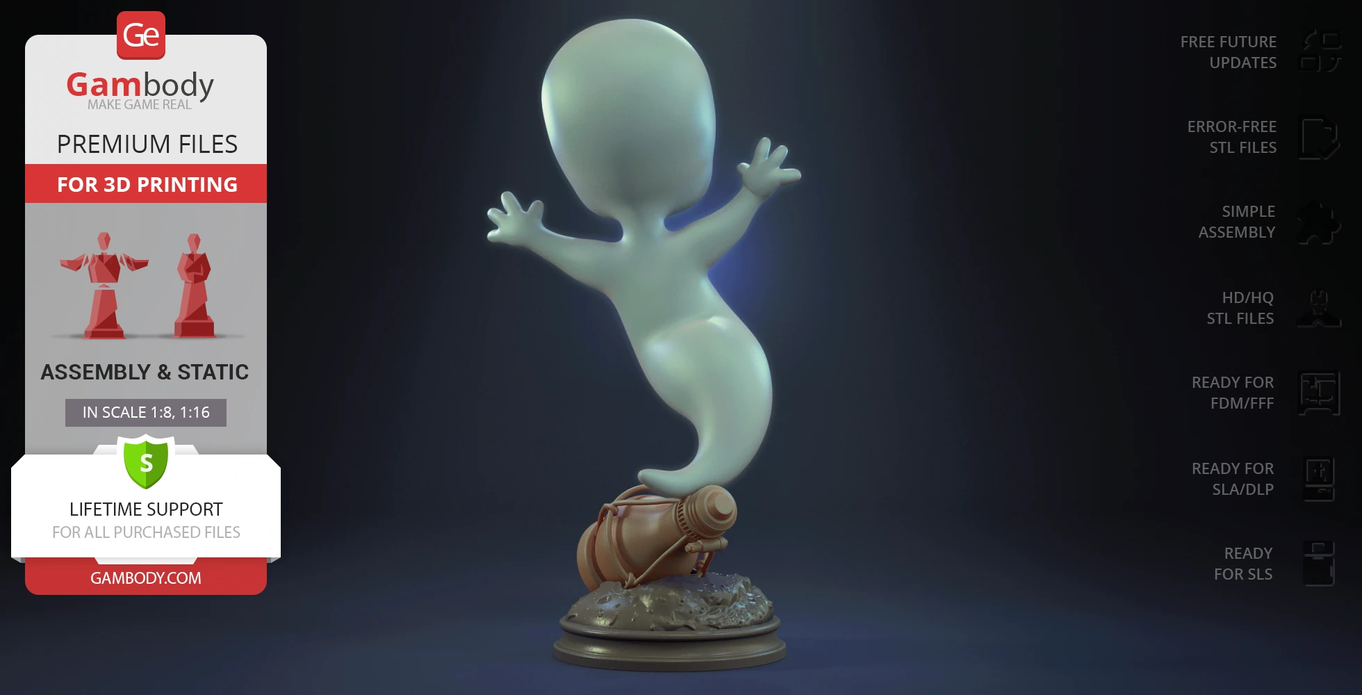 A 3D model of a ghost in a flying pose, standing on a base with a barrel.