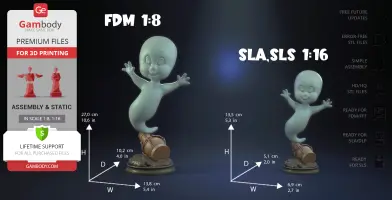 A friendly ghost figurine in a flying pose, available in two 3D printing scales.