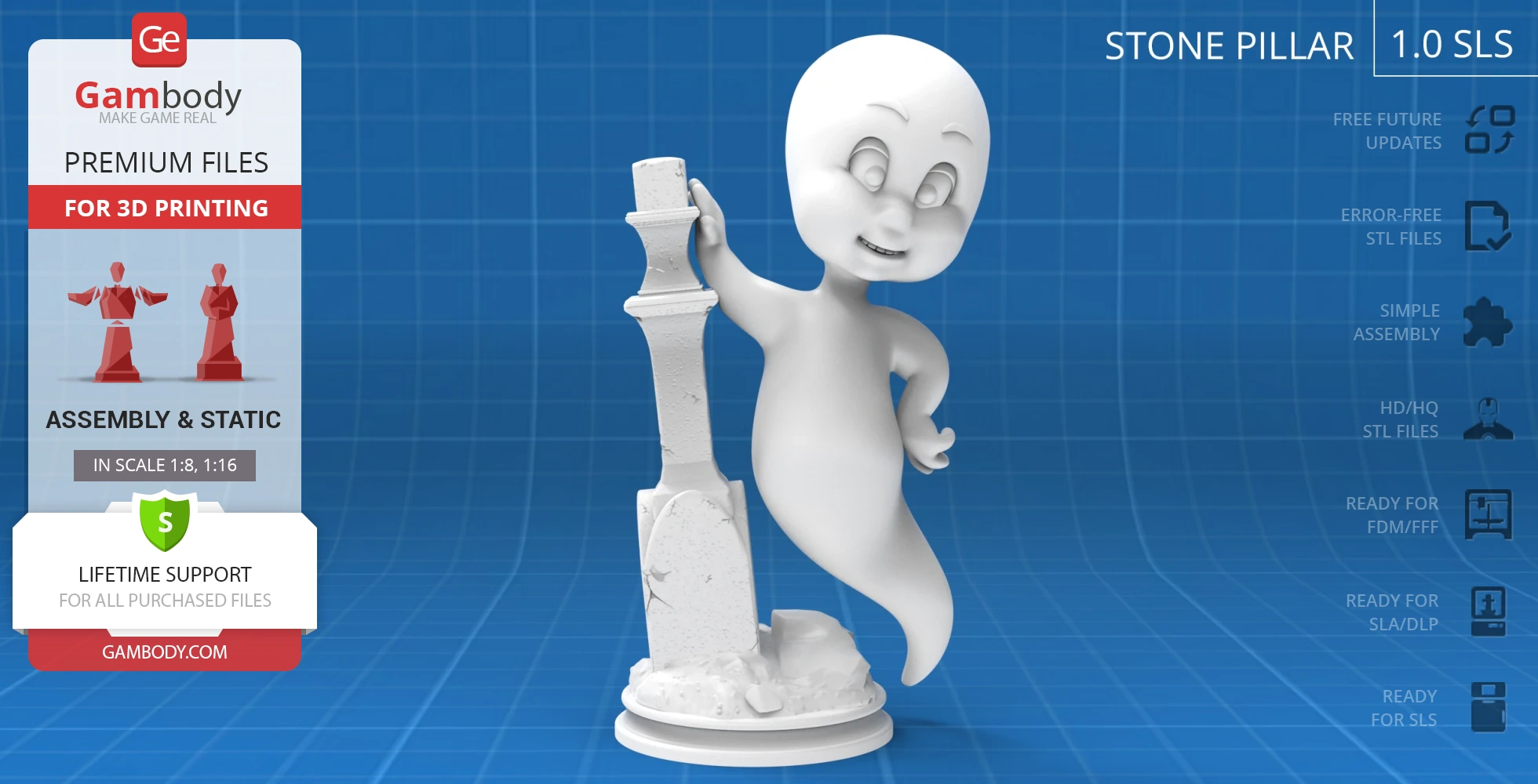 A smiling ghost in a flying pose, leaning on a stone pillar, designed for 3D printing.
