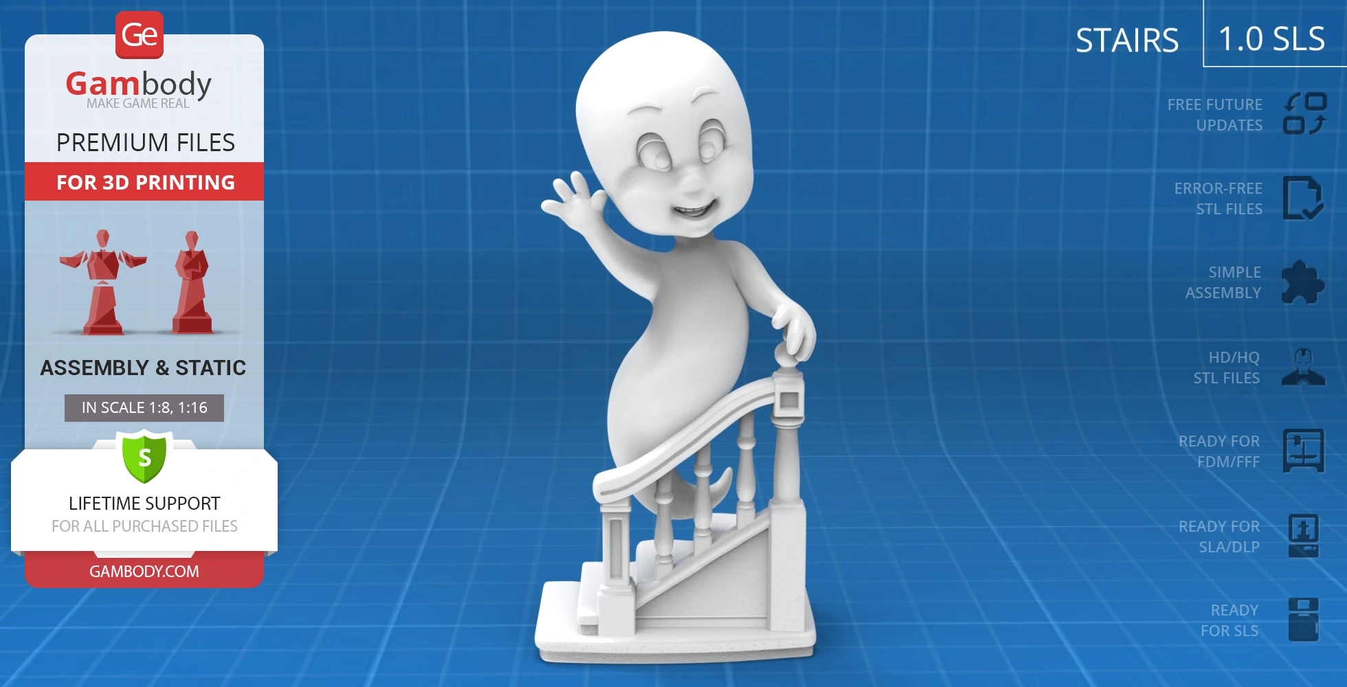 3D model of a friendly ghost waving, standing on a staircase. Ideal for 3D printing.