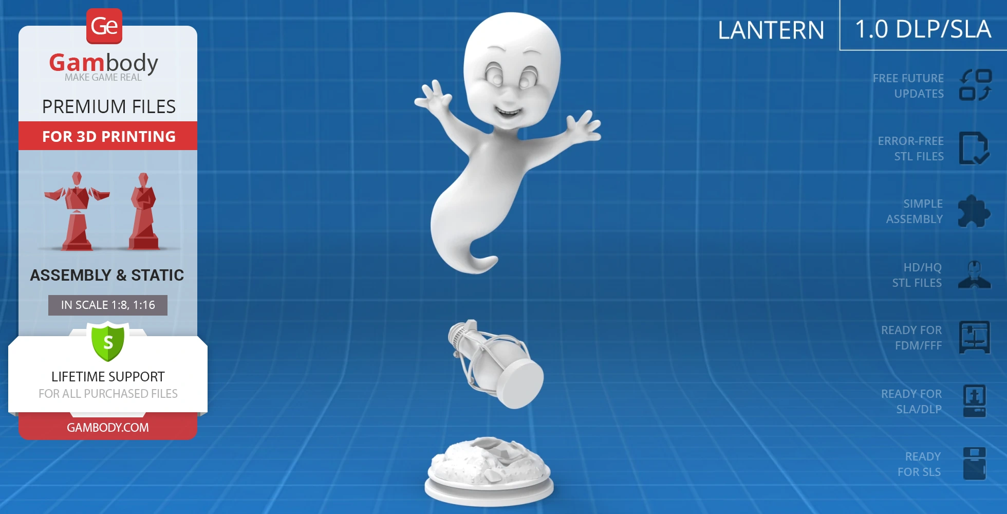A 3D model of a smiling ghost in a flying pose above a lantern on a small base.