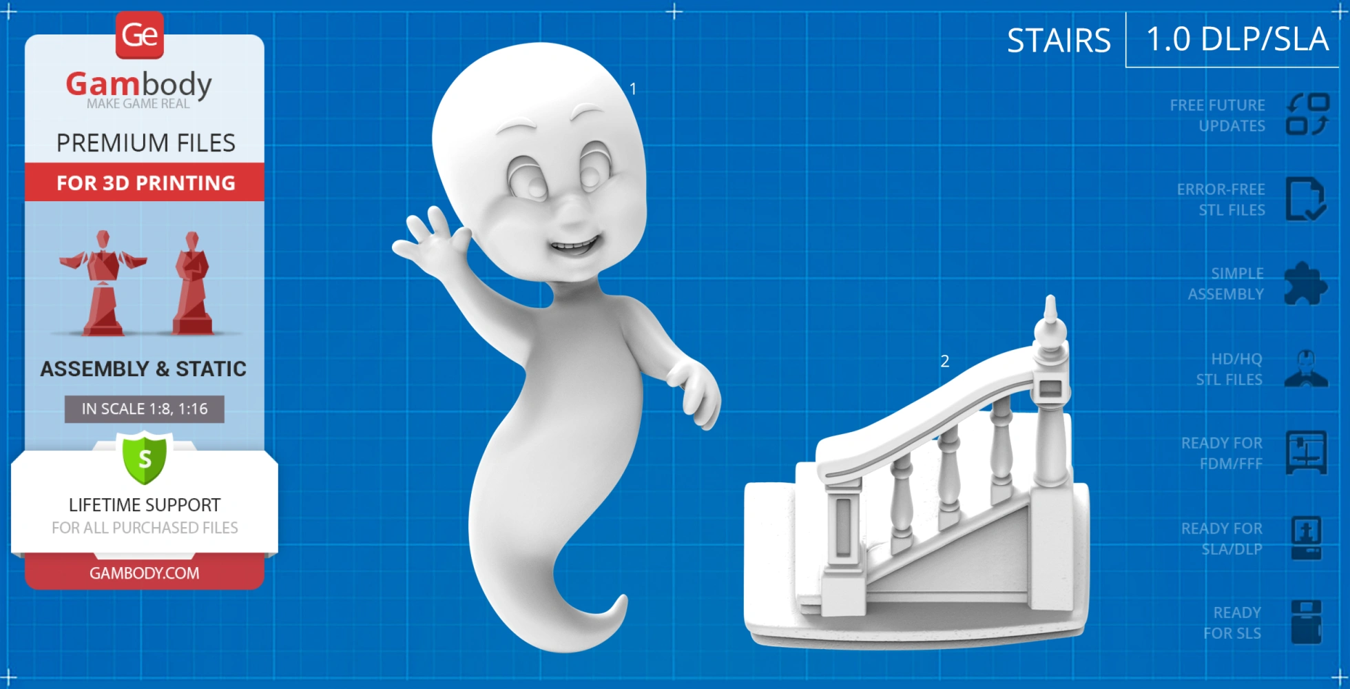 3D model of a smiling cartoon ghost in a playful flying pose, next to a decorative stair section.