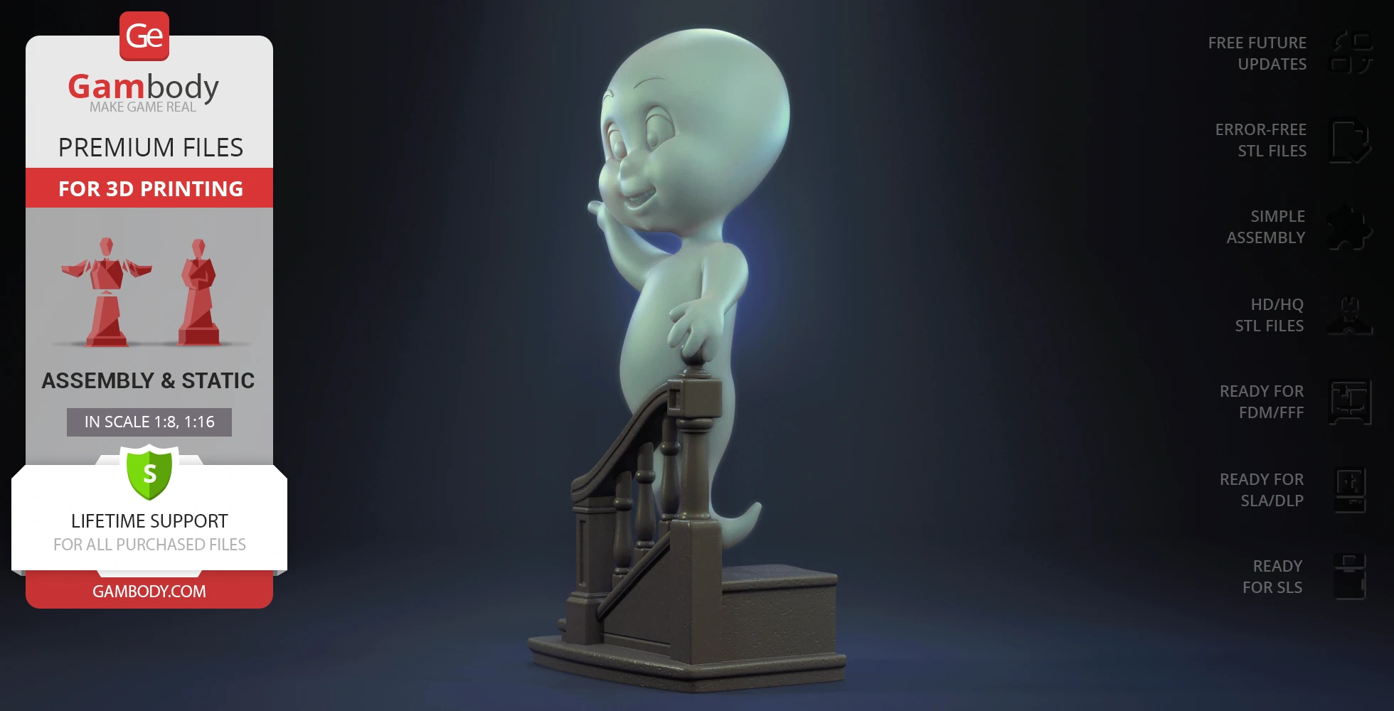 A 3D model of a friendly ghost in a flying pose on stairs, for 3D printing by Gambody.