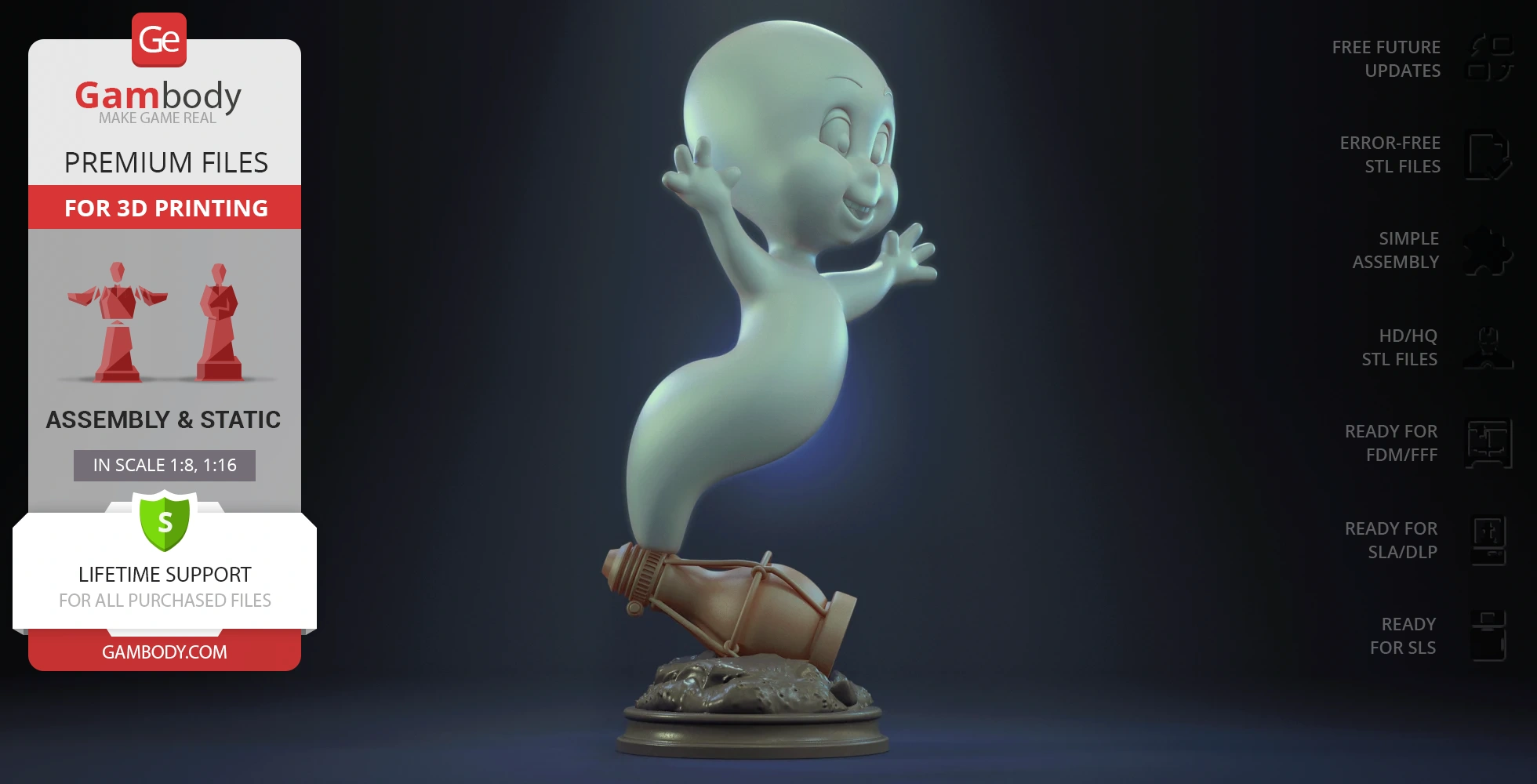 Cute cartoonish ghost in a flying pose, smiling and mounted on a cannon-like base.