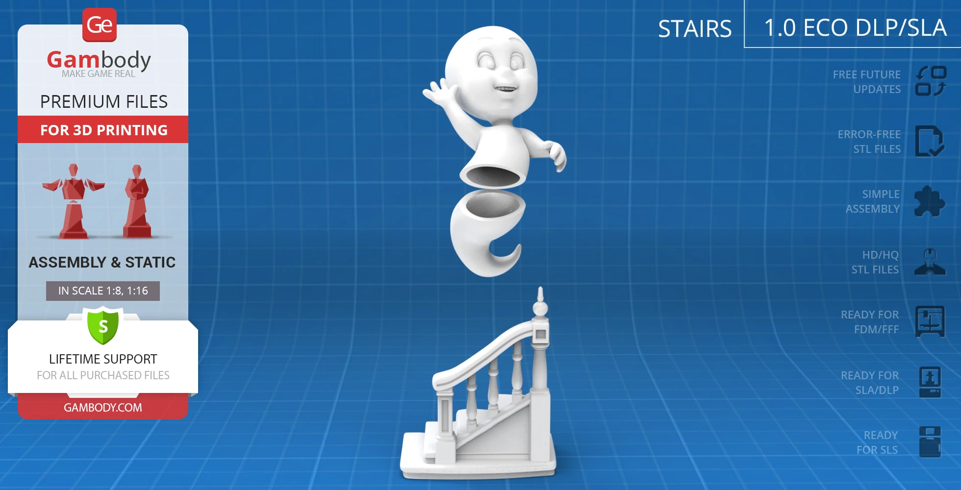 A 3D model of a smiling ghost in a flying pose, with separate torso pieces, over staircase base.