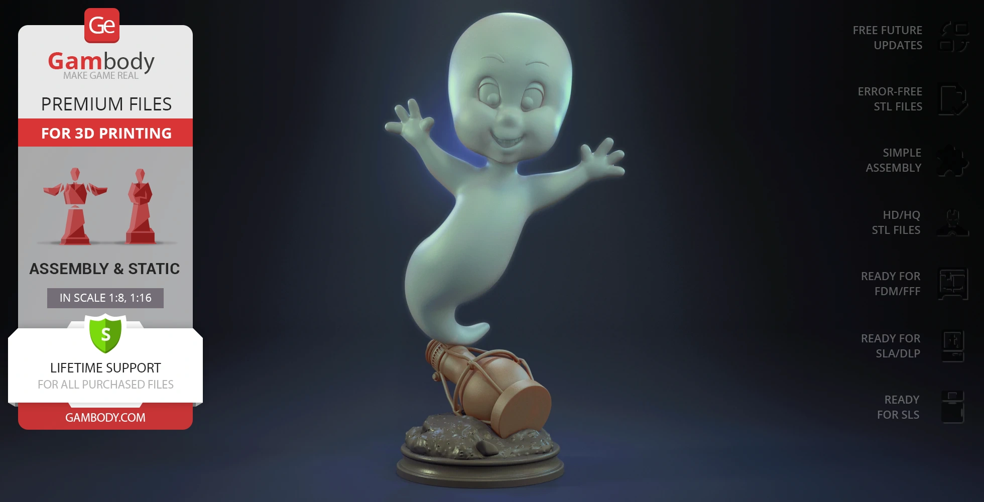 Smiling ghost in flying pose above a lantern, on a decorative base.