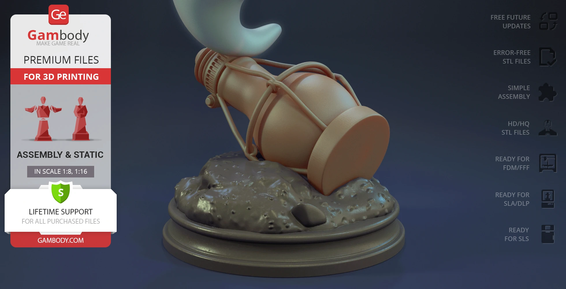 A ghostly figure flying over a vintage lantern resting on a rocky base, ready for 3D printing.