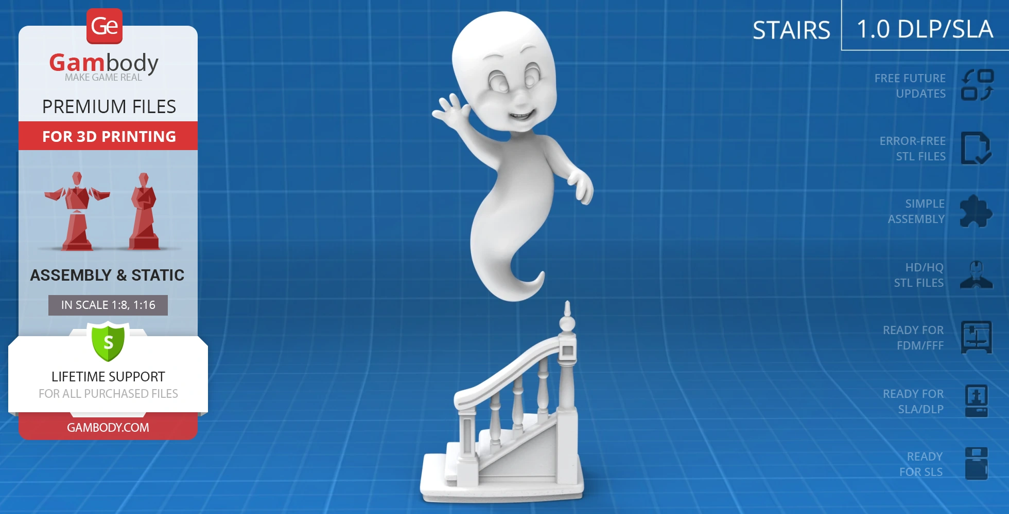 Smiling cartoon ghost waving, floating above small staircase model on a blue grid background.