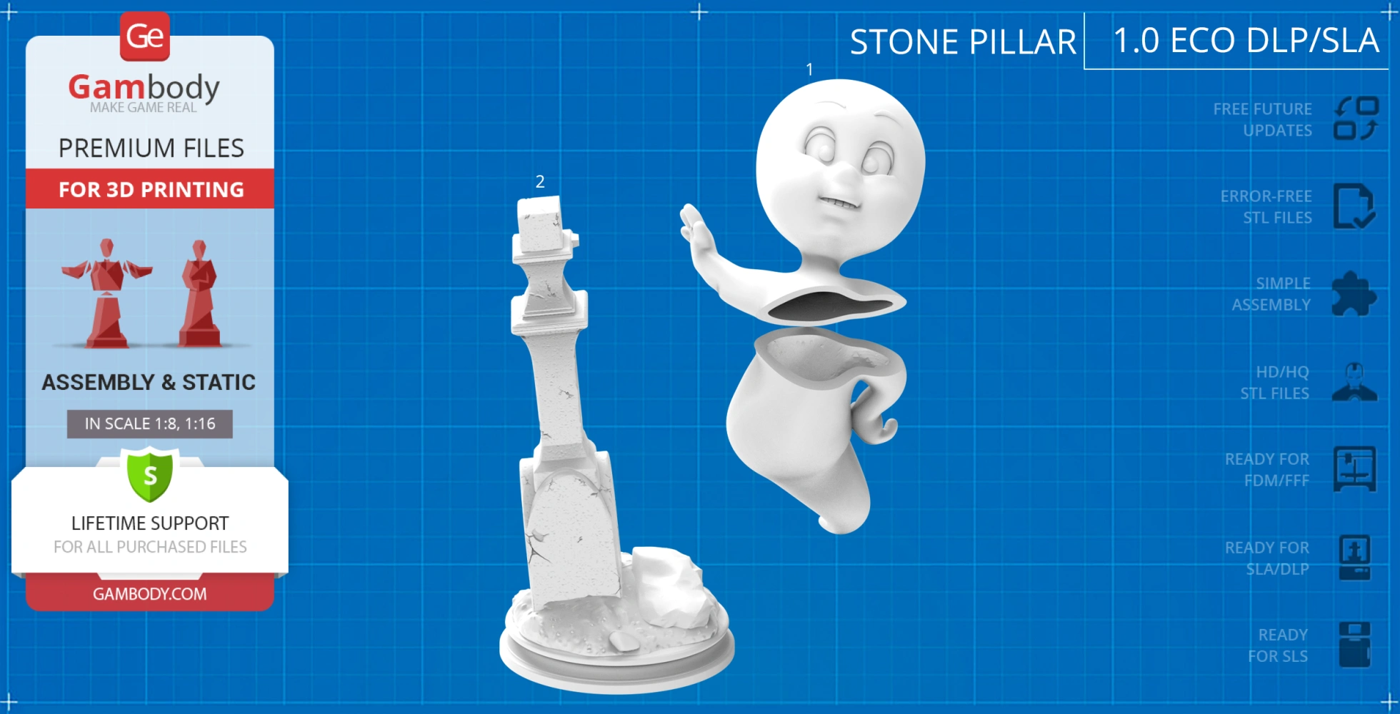 Cartoon ghost in flying pose beside a textured stone pillar, designed for 3D printing.