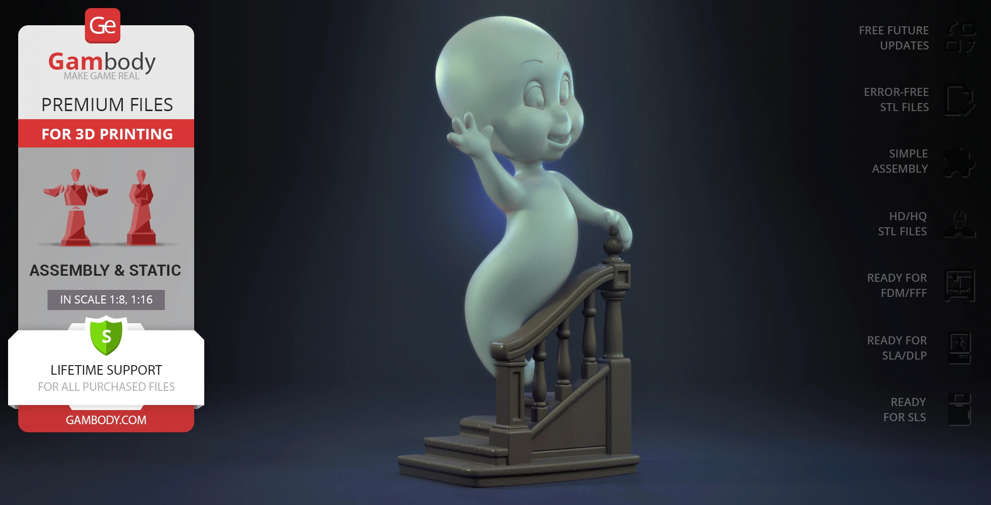 A friendly ghost waving while floating beside a staircase.