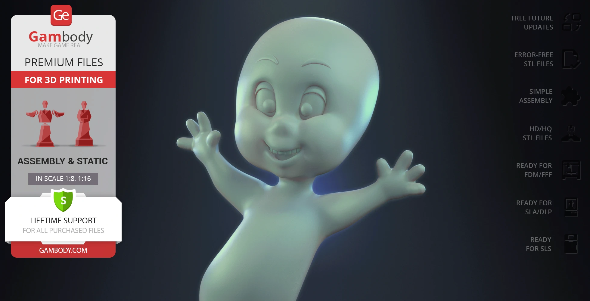 A friendly ghost figure in a flying pose with extended arms, smiling.