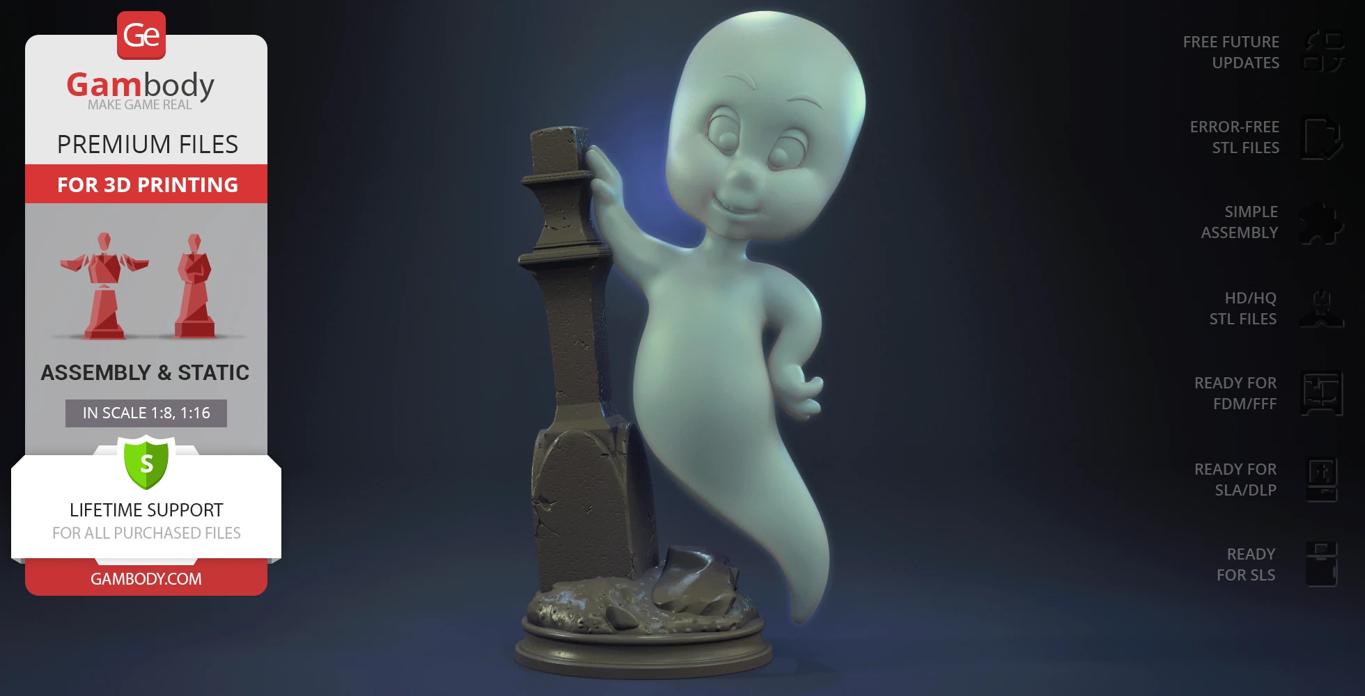 A cheerful ghost in a playful pose beside a weathered tombstone on a round base.