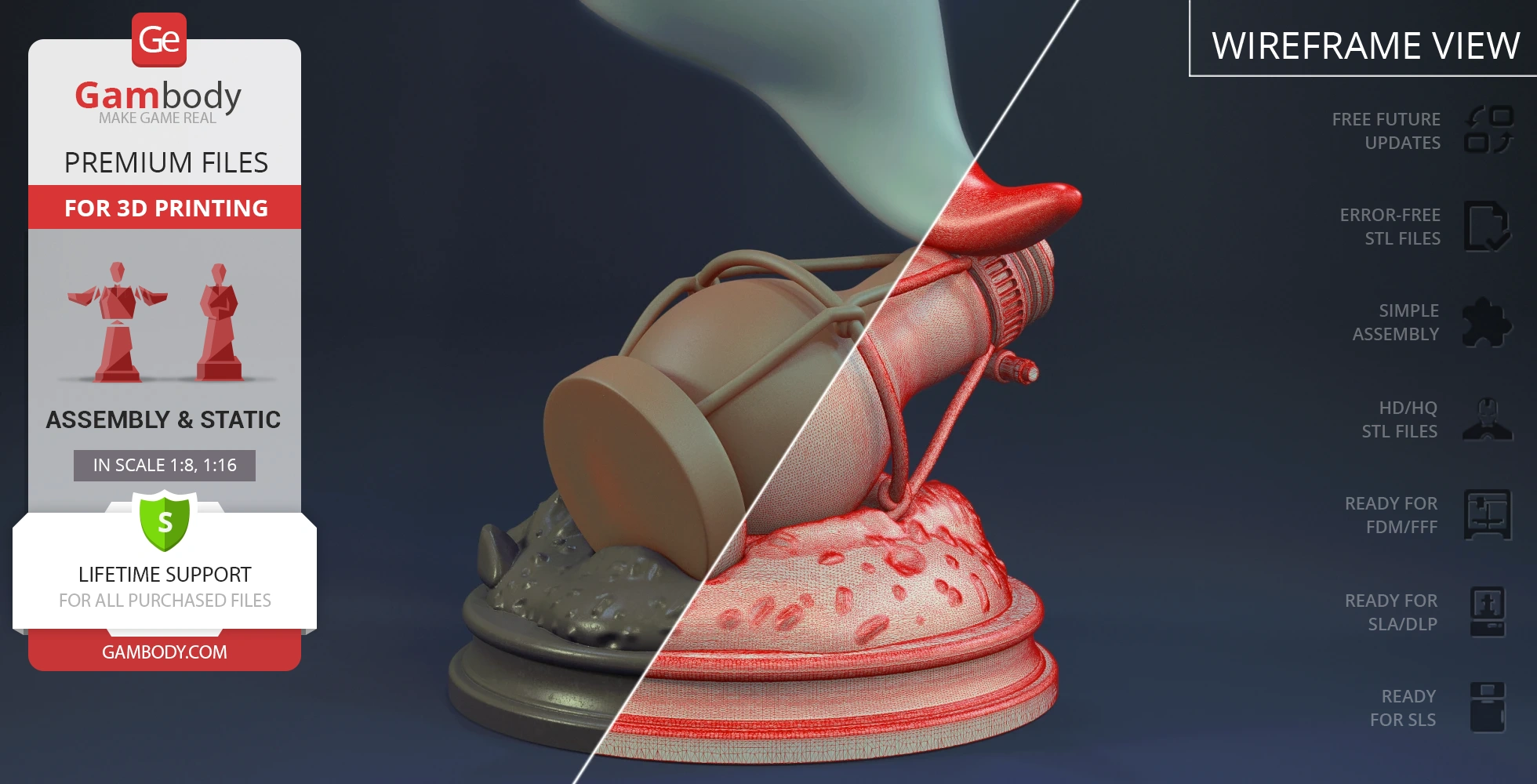 3D model of a ghost-like character in flight over textured base, shown with wireframe and solid view.