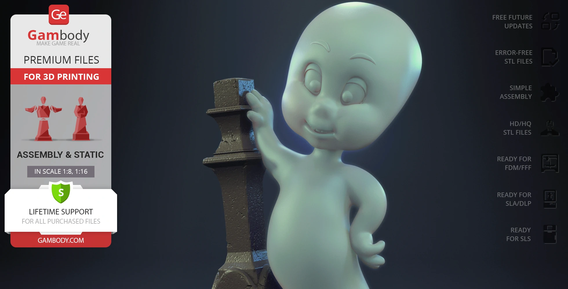 A friendly ghost figure in a flying pose, leaning against a pillar, smiling playfully.