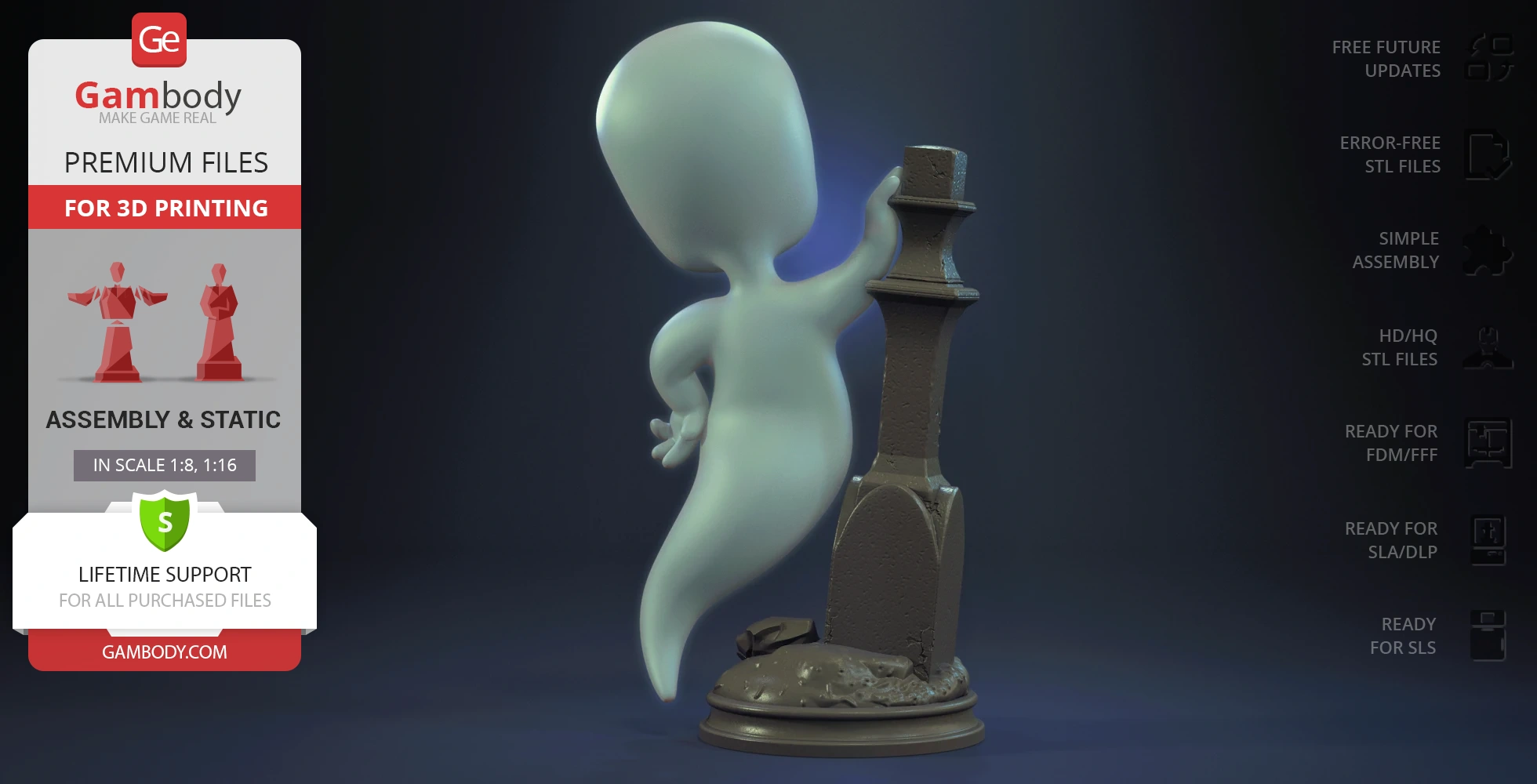 A cute ghost in a flying pose next to a vintage lantern, on a base, 3D model for printing.