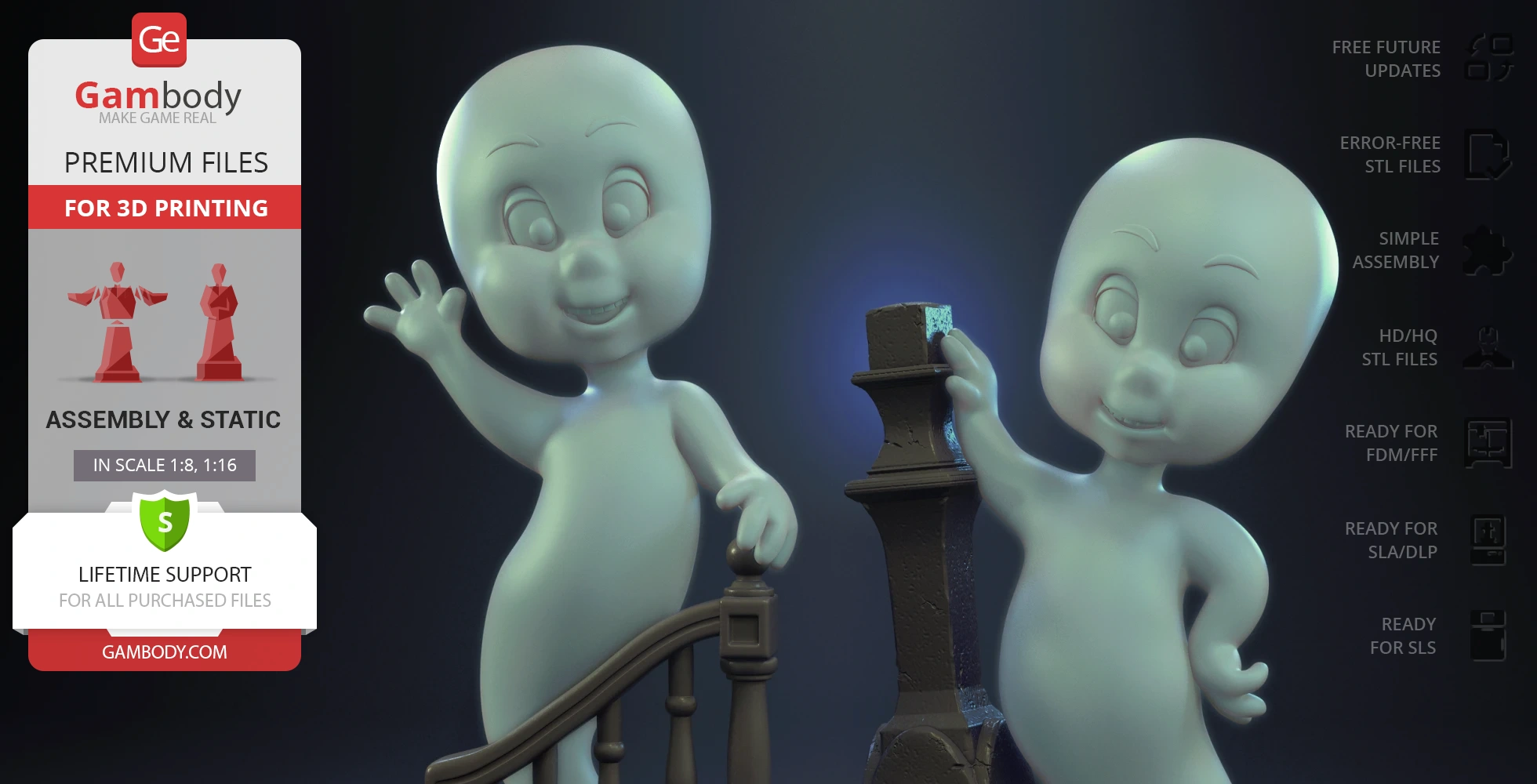 Two friendly ghosts in flying poses near a staircase, smiling and waving.