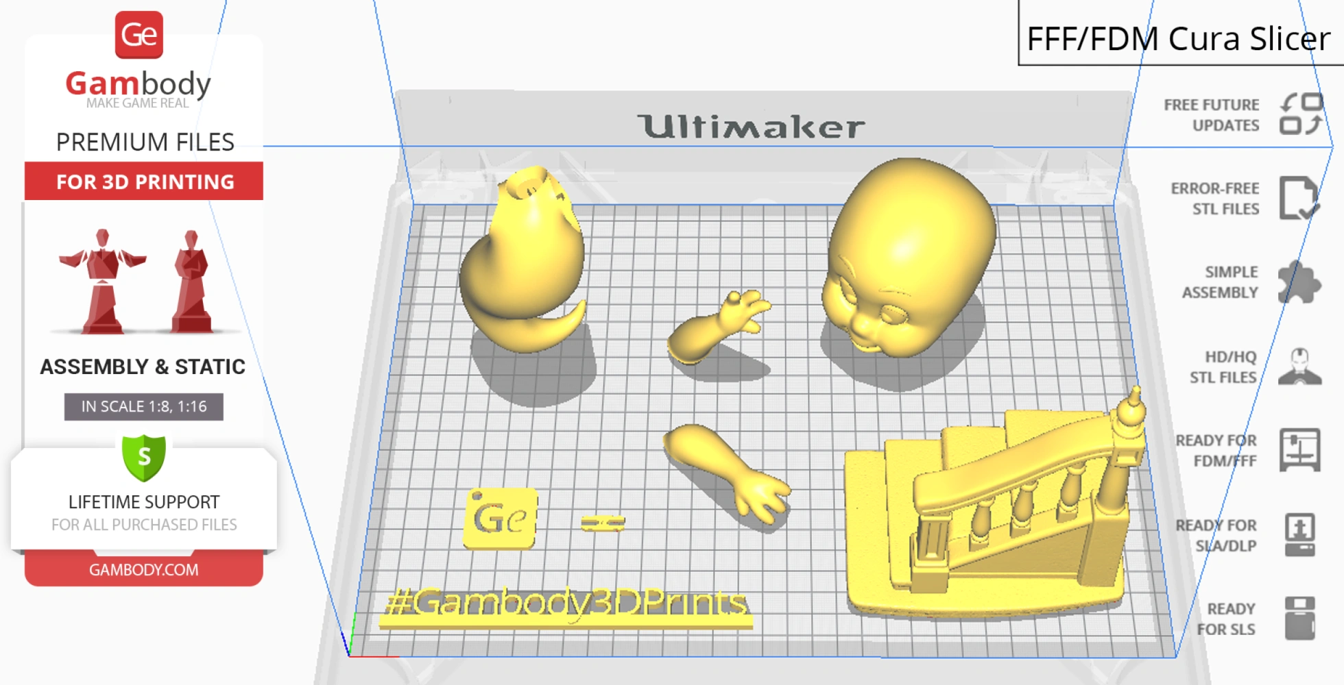 3D print layout of Casper's head, tail, arms, and stair railing from Gambody.