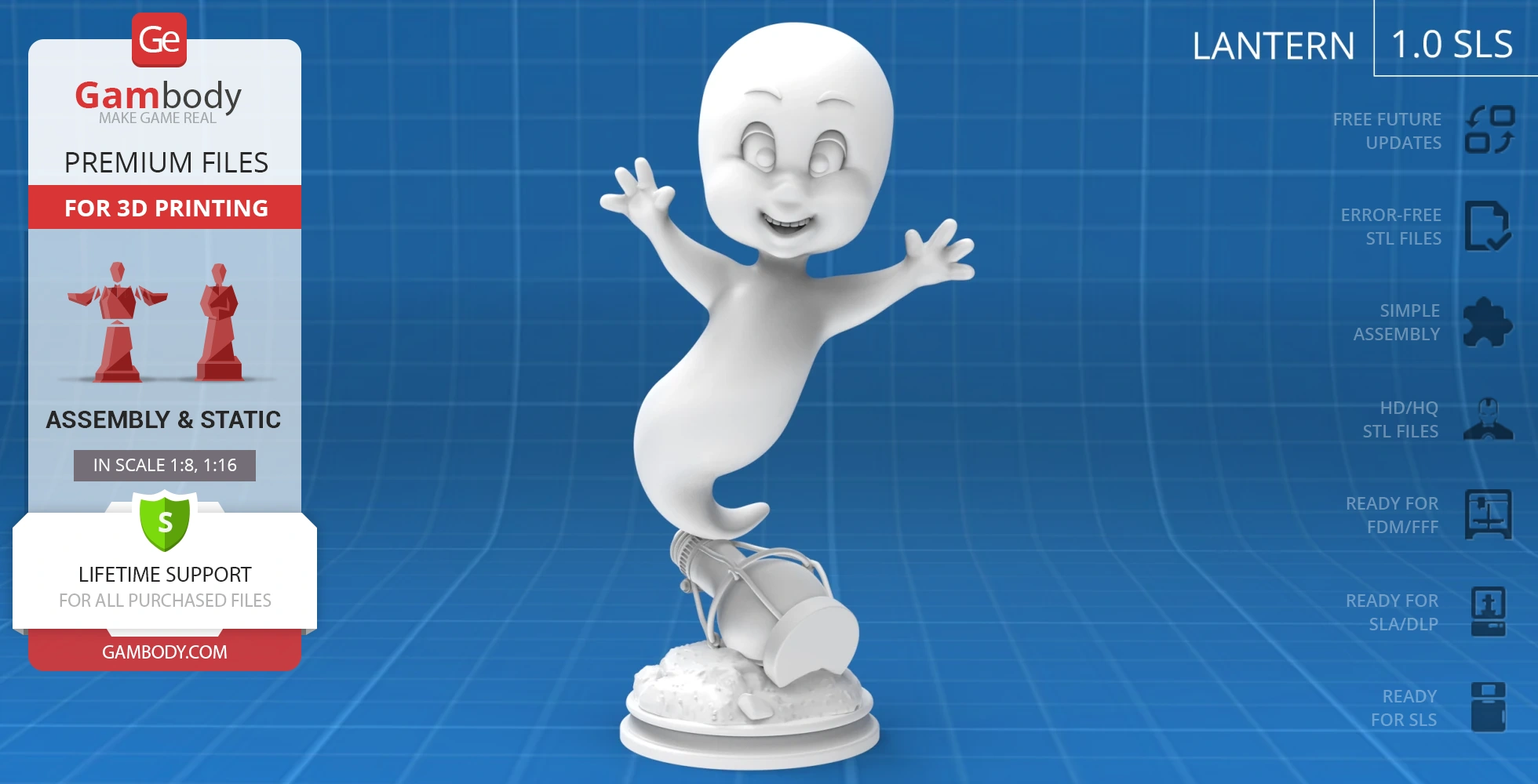 Cheerful ghost in a flying pose atop a rocky base with a lantern.