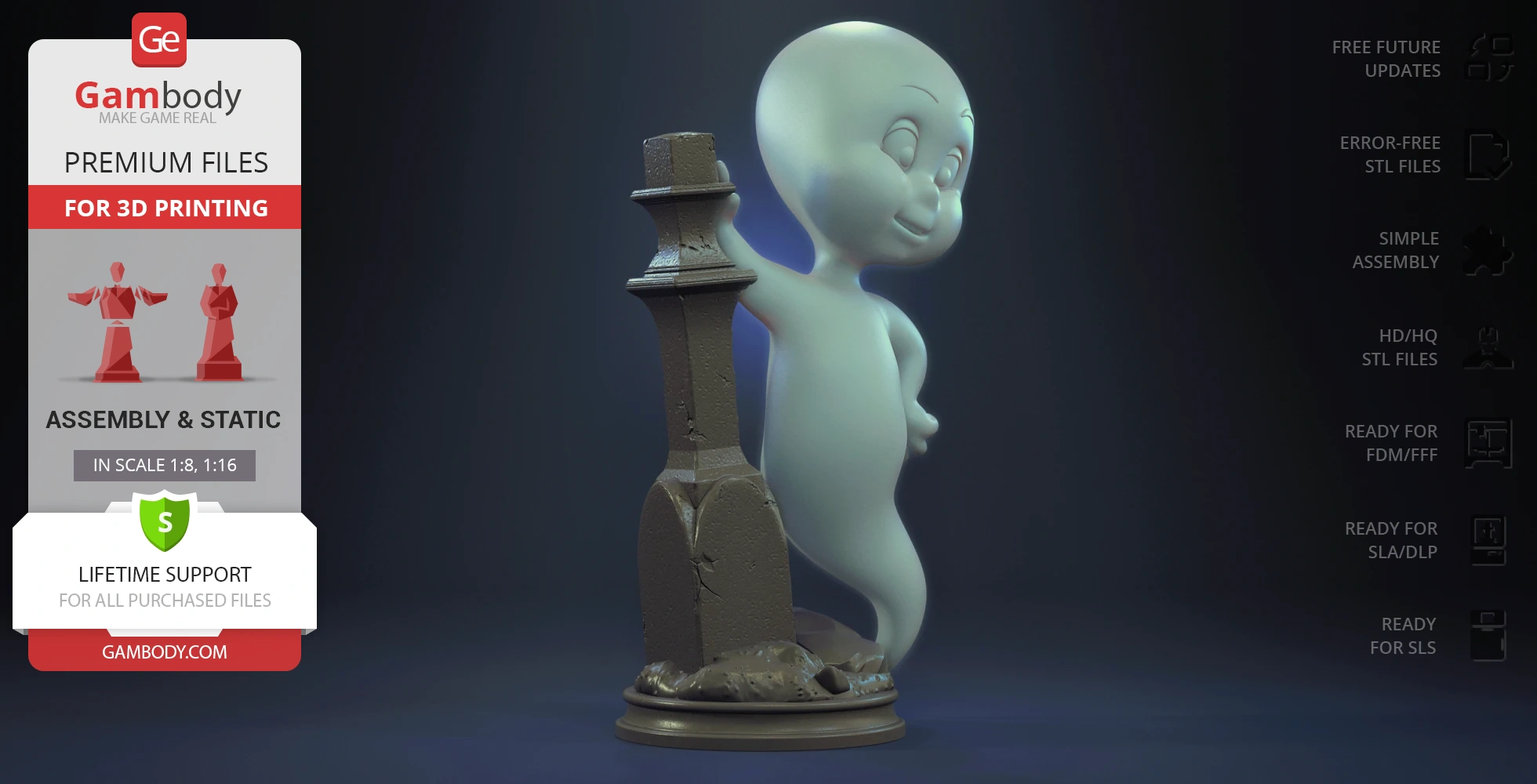 A friendly ghost in a flying pose next to a weathered stone pillar on a circular base.