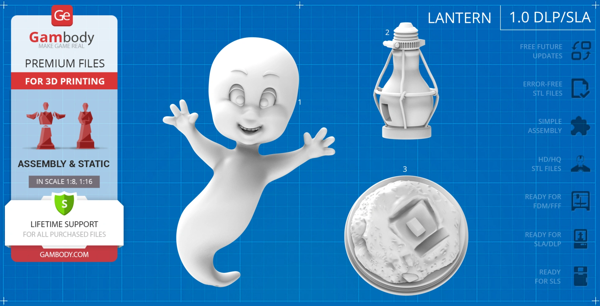 3D model of a smiling ghost in a flying pose, with a lantern and a textured circular base on a blueprint background.