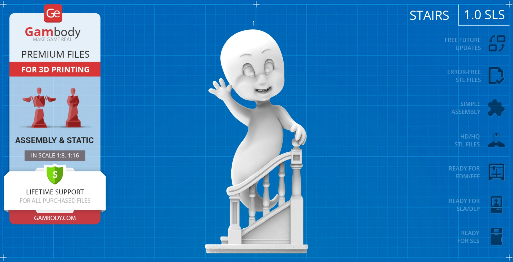 3D model of a friendly ghost waving next to a staircase, for 3D printing, offered by Gambody.