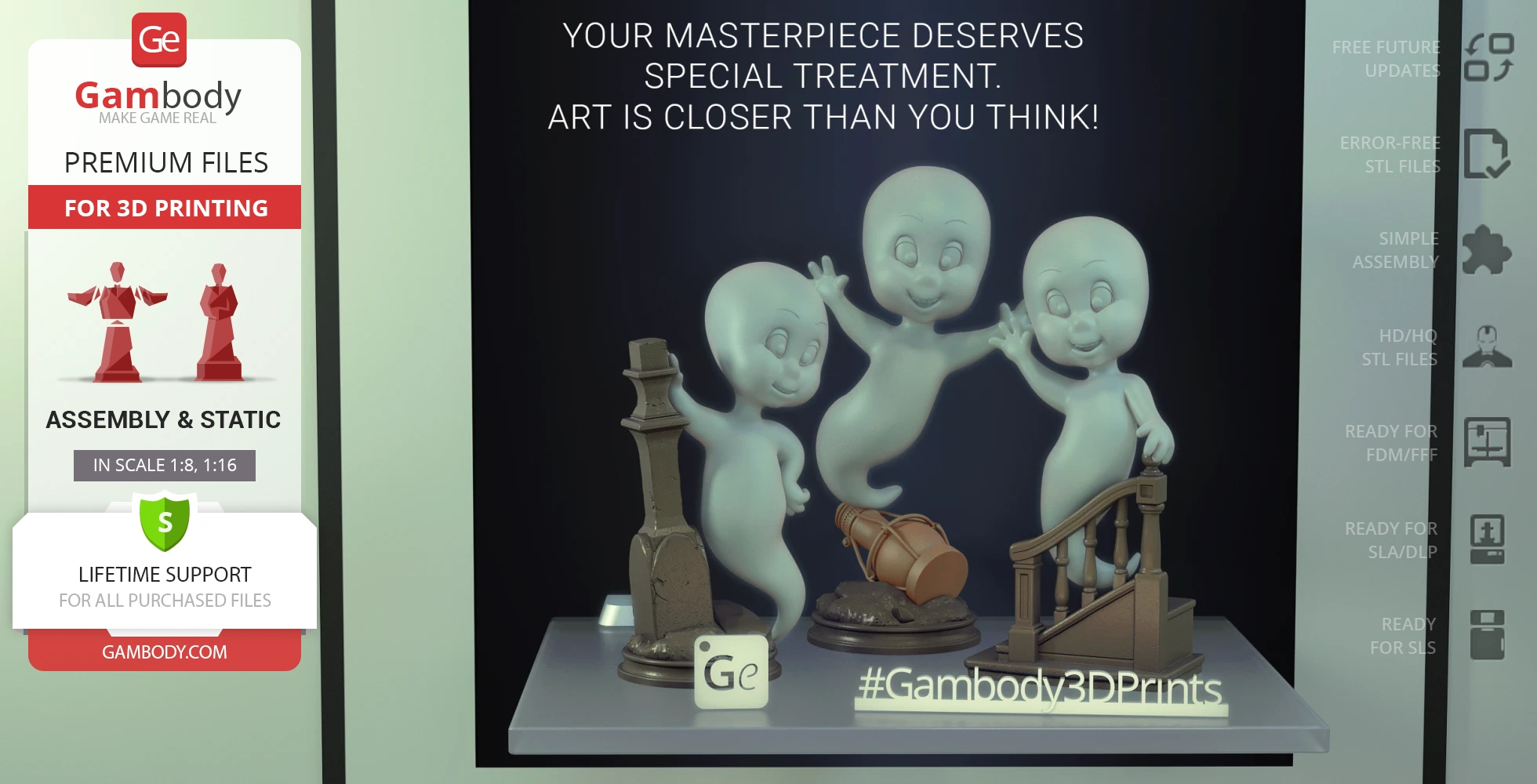 Three cartoon ghosts in playful poses with gravestones and props on a display stand.
