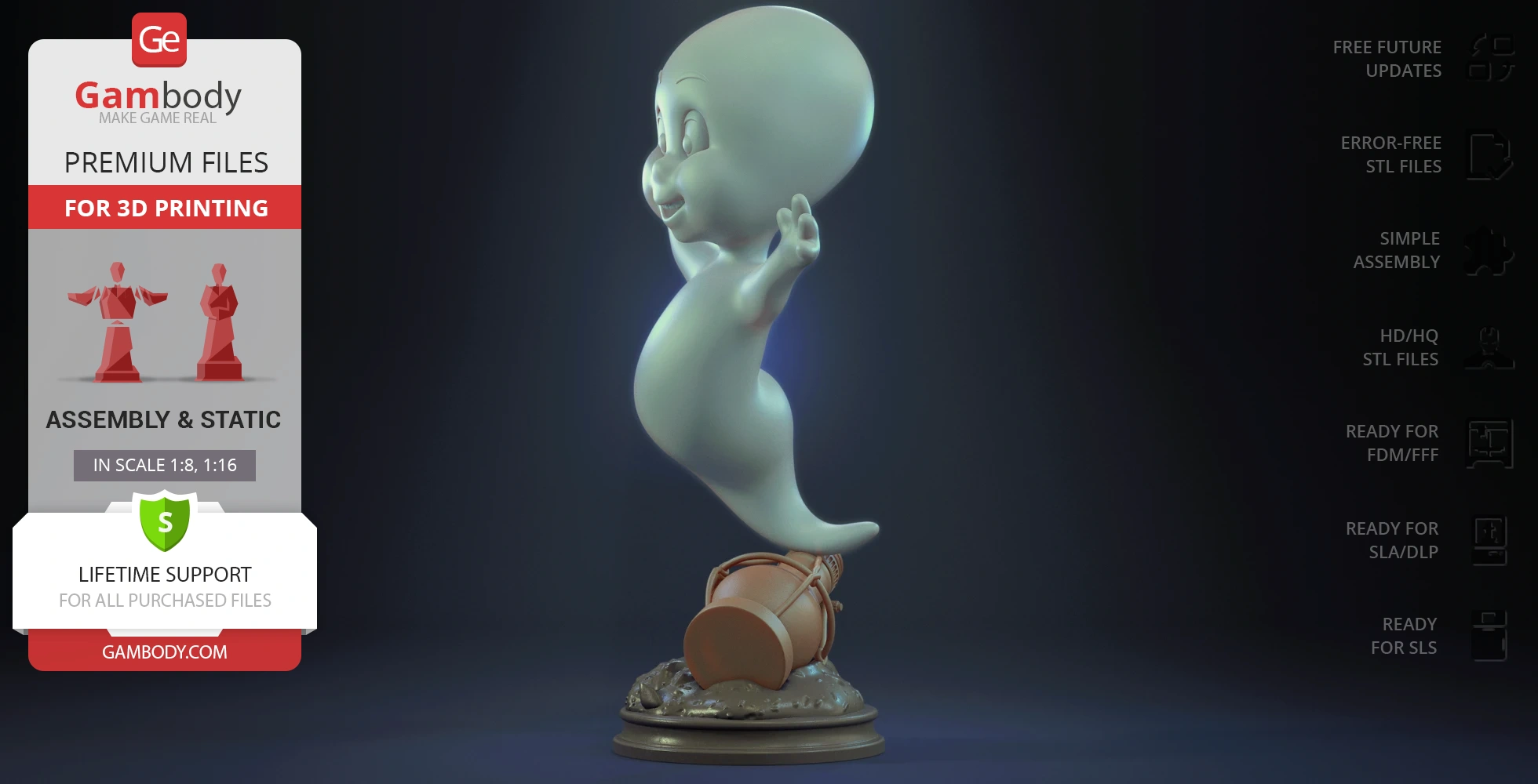 A cartoon ghost in a flying pose above a drum on a display base.
